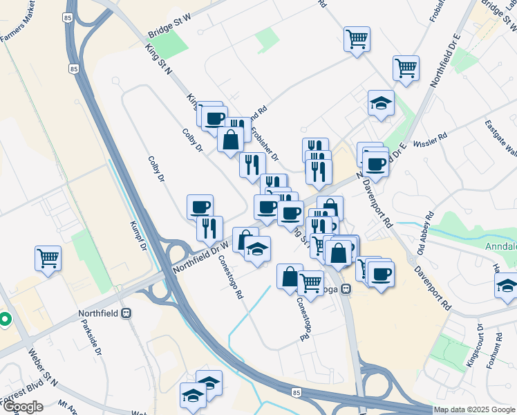map of restaurants, bars, coffee shops, grocery stores, and more near 583 King Street North in Waterloo