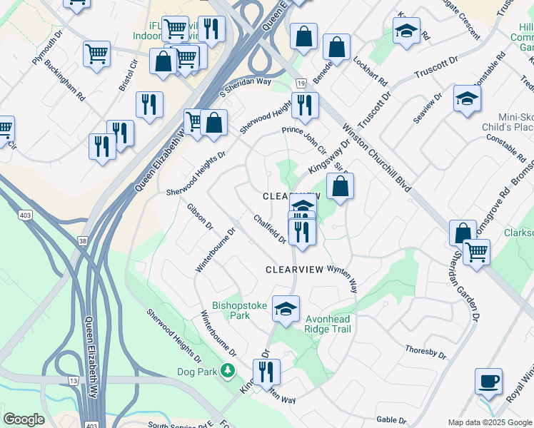 map of restaurants, bars, coffee shops, grocery stores, and more near 2879 Arlington Drive in Oakville