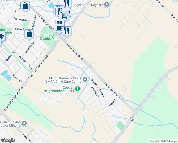 map of restaurants, bars, coffee shops, grocery stores, and more near 1285 Sycamore Garden in Milton