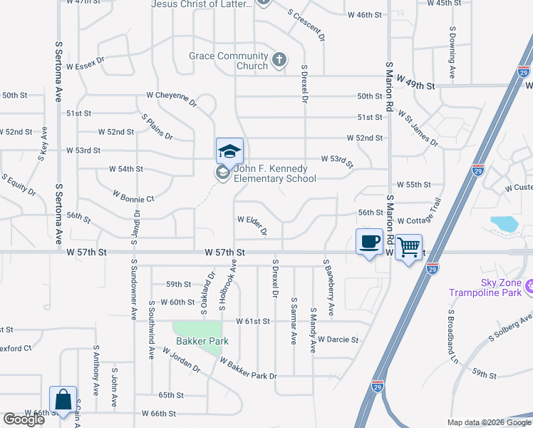 map of restaurants, bars, coffee shops, grocery stores, and more near 5805 West Pebble Creek Road in Sioux Falls