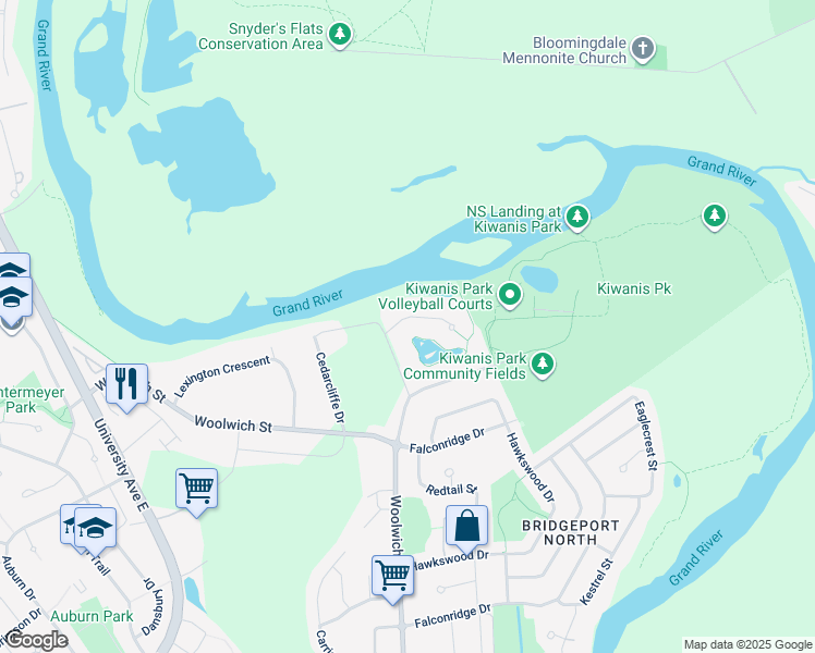 map of restaurants, bars, coffee shops, grocery stores, and more near 335 River Oak Place in Waterloo