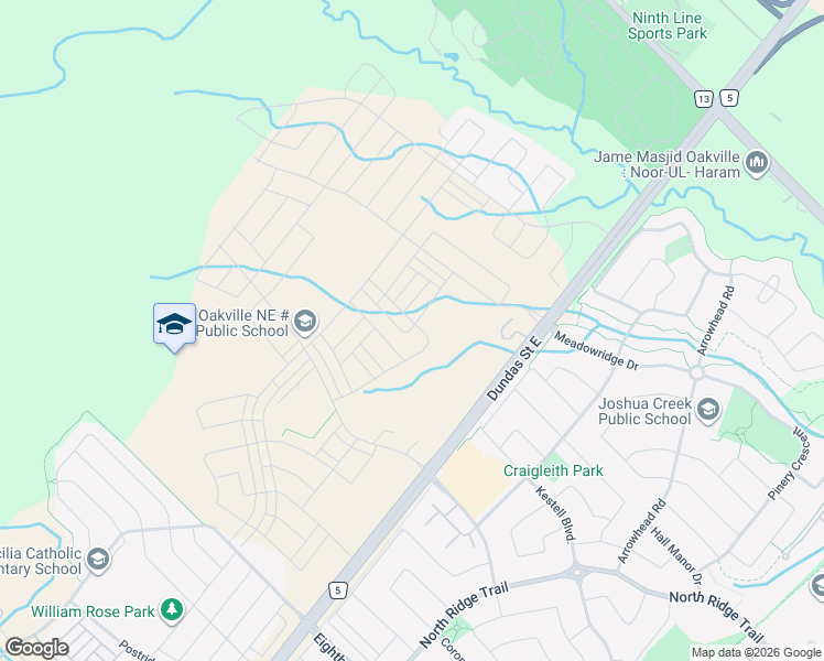 map of restaurants, bars, coffee shops, grocery stores, and more near 1270 Anthonia Trail in Oakville
