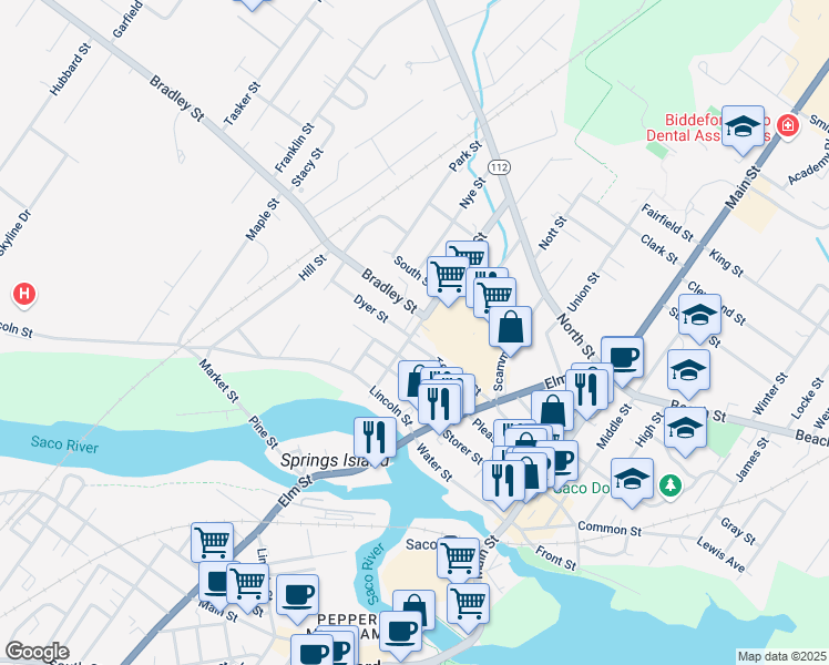 map of restaurants, bars, coffee shops, grocery stores, and more near 122 Temple Street in Saco