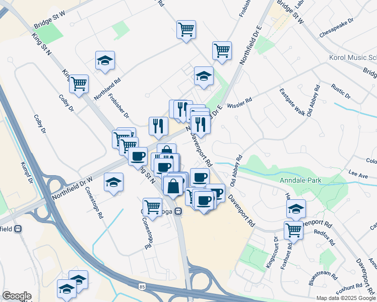 map of restaurants, bars, coffee shops, grocery stores, and more near in Waterloo