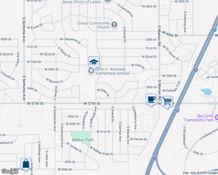 map of restaurants, bars, coffee shops, grocery stores, and more near 5805 West Pebble Creek Road in Sioux Falls