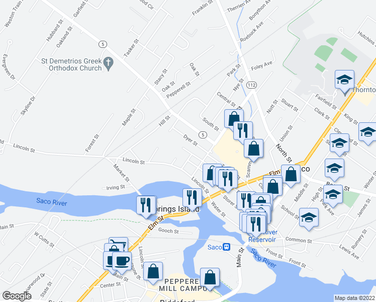 map of restaurants, bars, coffee shops, grocery stores, and more near 166 Pleasant Street in Saco
