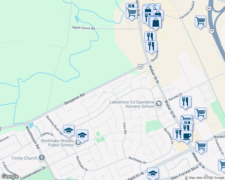 map of restaurants, bars, coffee shops, grocery stores, and more near 225 Benjamin Road in Waterloo