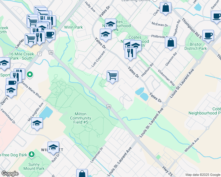 map of restaurants, bars, coffee shops, grocery stores, and more near 541 Gibson Crescent in Milton