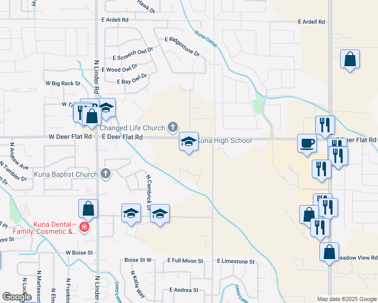 map of restaurants, bars, coffee shops, grocery stores, and more near 637 East Deer Flat Road in Kuna