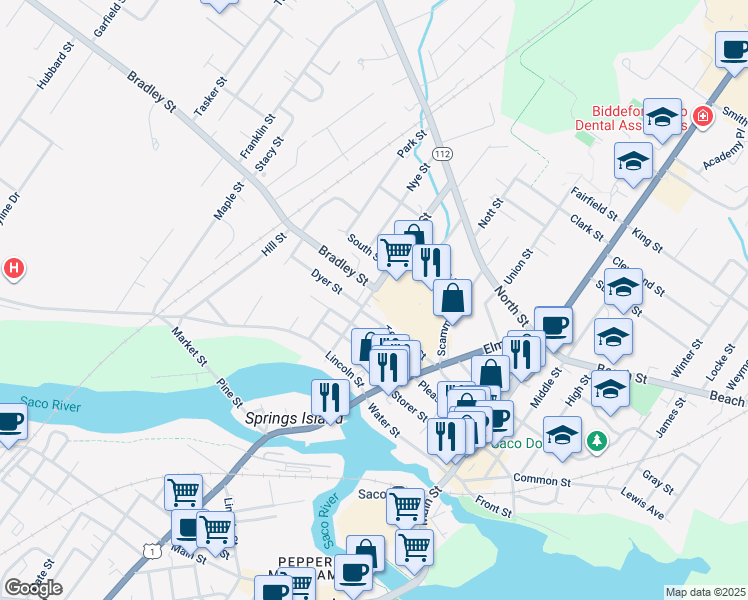 map of restaurants, bars, coffee shops, grocery stores, and more near 39 Spring Street in Saco