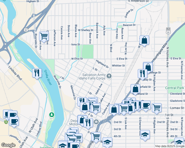 map of restaurants, bars, coffee shops, grocery stores, and more near 1395 Canal Avenue in Idaho Falls