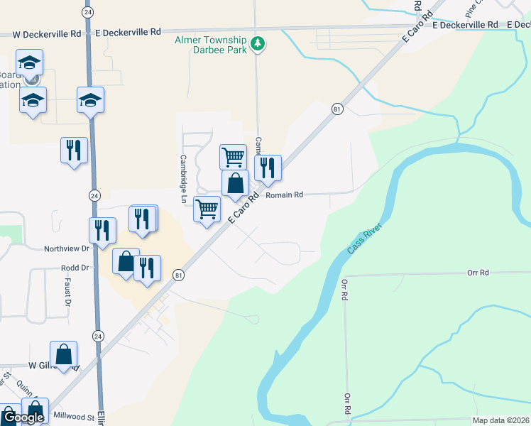 map of restaurants, bars, coffee shops, grocery stores, and more near 208 Romain Road in Caro