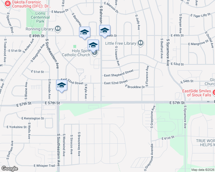 map of restaurants, bars, coffee shops, grocery stores, and more near 4600 South Bahnson Avenue in Sioux Falls