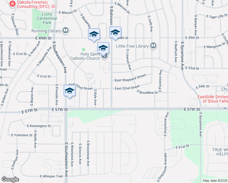 map of restaurants, bars, coffee shops, grocery stores, and more near 4600 South Bahnson Avenue in Sioux Falls