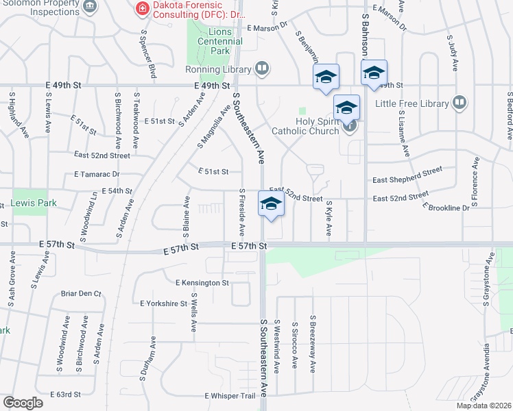 map of restaurants, bars, coffee shops, grocery stores, and more near 4711 South Southeastern Avenue in Sioux Falls