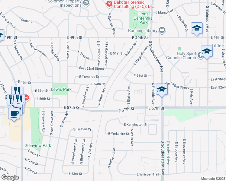map of restaurants, bars, coffee shops, grocery stores, and more near 2601-2699 E Regency Ct in Sioux Falls
