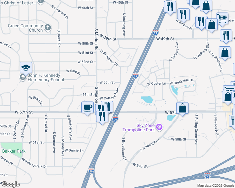 map of restaurants, bars, coffee shops, grocery stores, and more near Interstate 29 in Sioux Falls