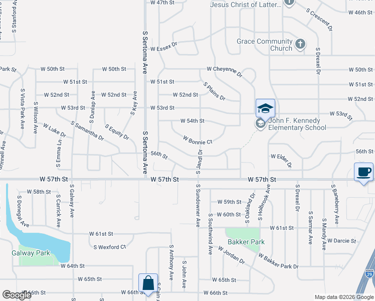 map of restaurants, bars, coffee shops, grocery stores, and more near 6513 West 55th Street in Sioux Falls
