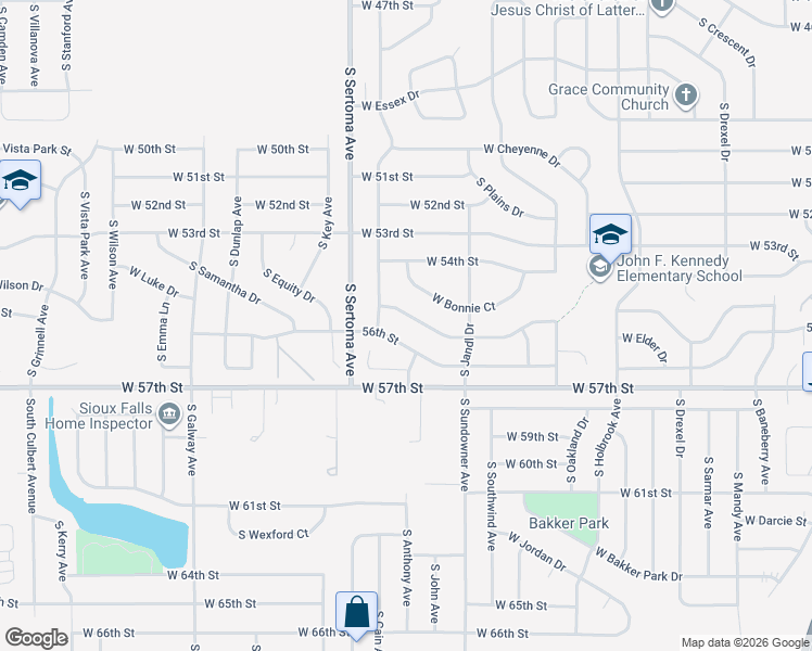 map of restaurants, bars, coffee shops, grocery stores, and more near 6604 West 56th Street in Sioux Falls