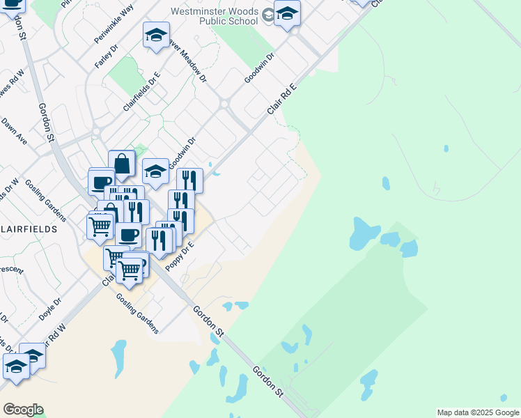 map of restaurants, bars, coffee shops, grocery stores, and more near 152 Dallan Drive in Guelph