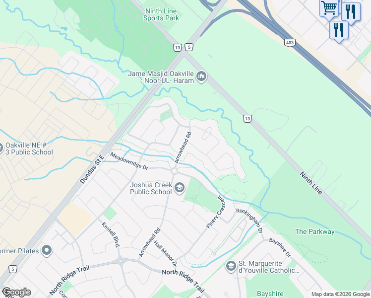 map of restaurants, bars, coffee shops, grocery stores, and more near 1510 Arrowhead Road in Oakville
