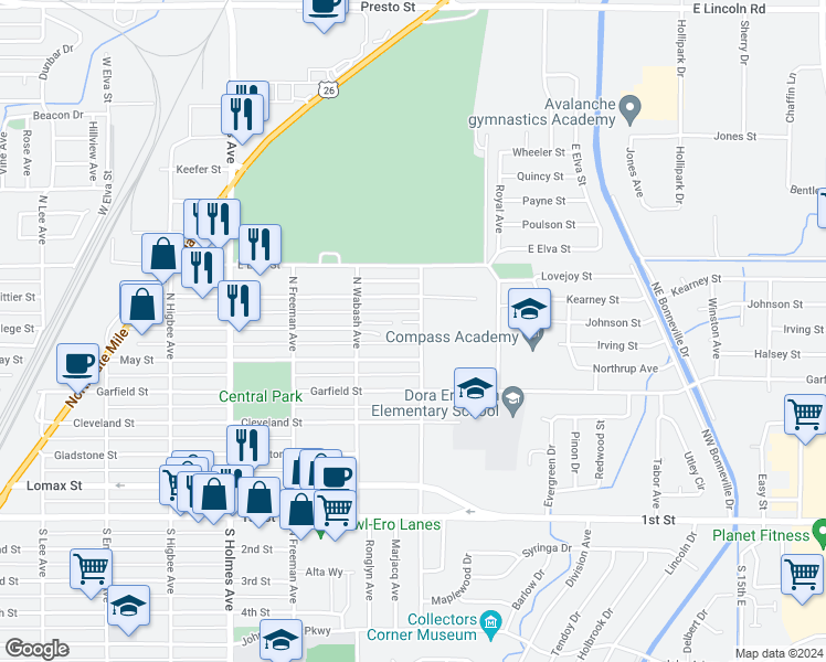map of restaurants, bars, coffee shops, grocery stores, and more near 697 North Fanning Avenue in Idaho Falls