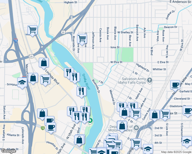 map of restaurants, bars, coffee shops, grocery stores, and more near Temple Pl in Idaho Falls