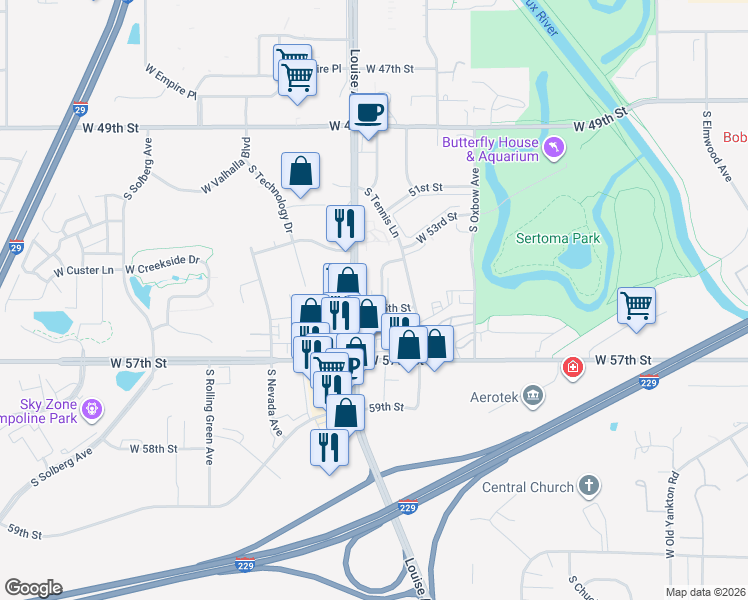 map of restaurants, bars, coffee shops, grocery stores, and more near 4807 South Baha Avenue in Sioux Falls