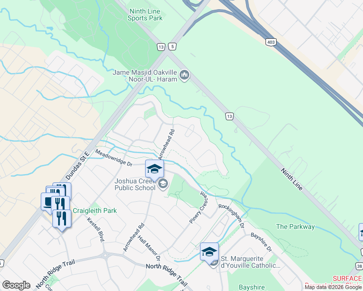 map of restaurants, bars, coffee shops, grocery stores, and more near 2368 Gamble Road in Oakville
