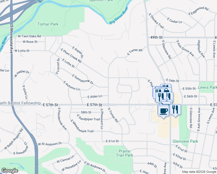 map of restaurants, bars, coffee shops, grocery stores, and more near 4603 East Tomar Road in Sioux Falls