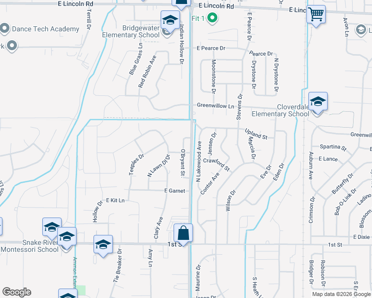 map of restaurants, bars, coffee shops, grocery stores, and more near 3487 O'Bryant Street in Idaho Falls