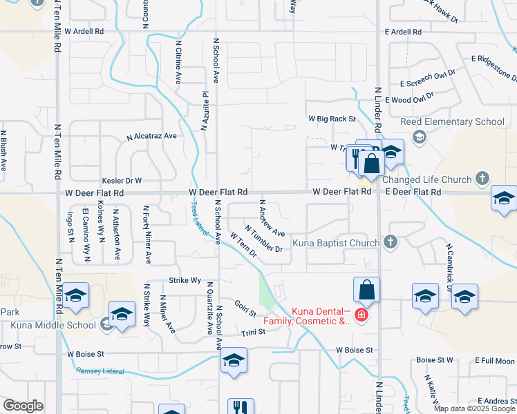 map of restaurants, bars, coffee shops, grocery stores, and more near 639 West Rams Hill Street in Kuna