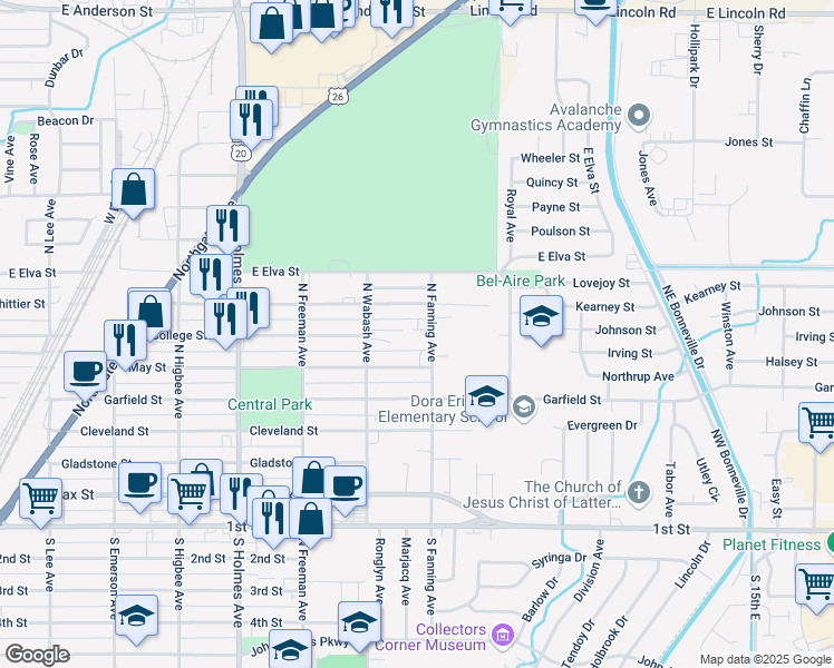 map of restaurants, bars, coffee shops, grocery stores, and more near 796 Whittier Street in Idaho Falls