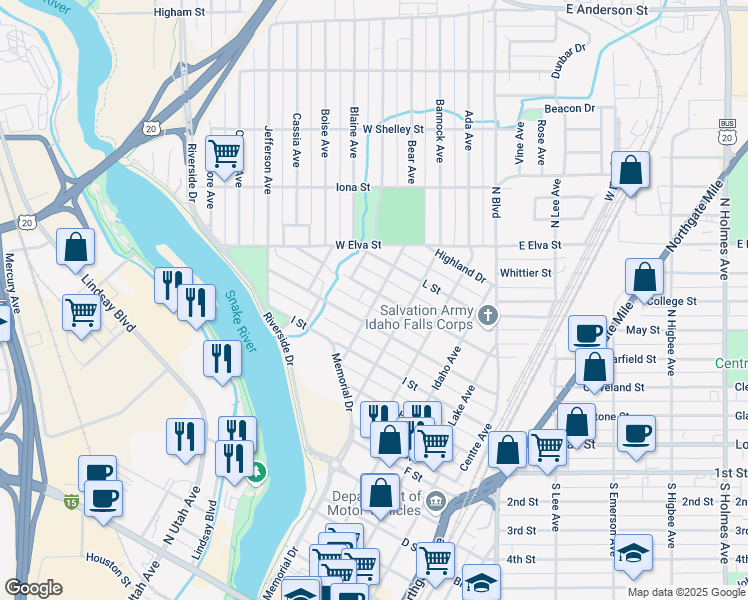 map of restaurants, bars, coffee shops, grocery stores, and more near 772 K Street in Idaho Falls