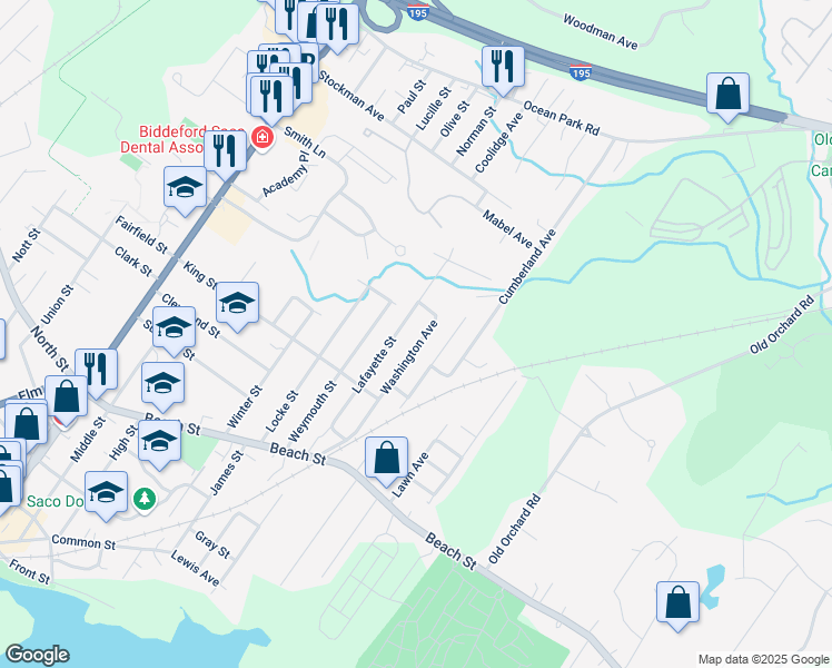 map of restaurants, bars, coffee shops, grocery stores, and more near 12 Grant Street in Saco