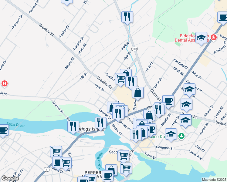 map of restaurants, bars, coffee shops, grocery stores, and more near 11 Bradley Street in Saco