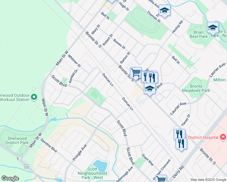 map of restaurants, bars, coffee shops, grocery stores, and more near in Milton