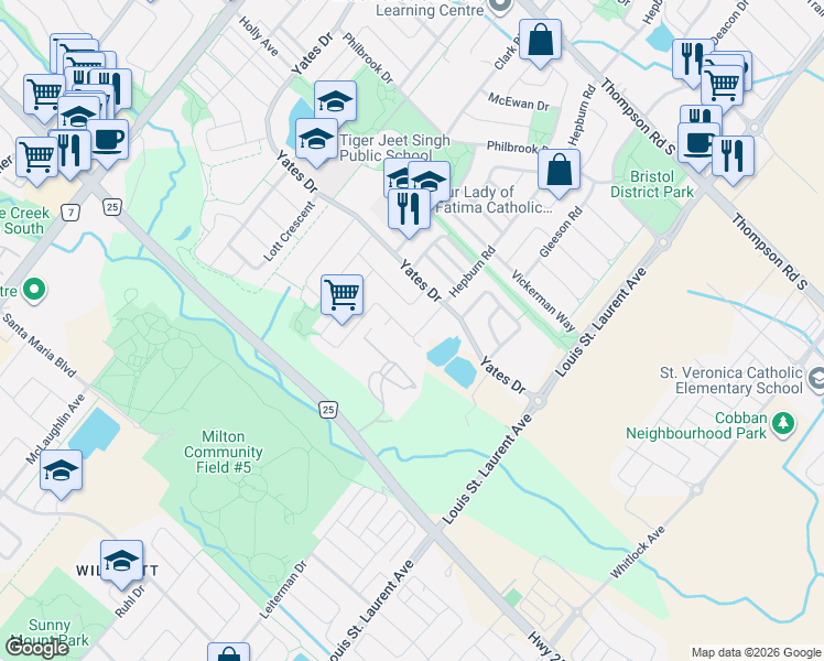 map of restaurants, bars, coffee shops, grocery stores, and more near 615 Hepburn Road in Milton