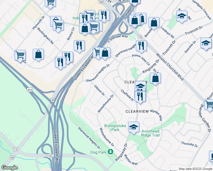 map of restaurants, bars, coffee shops, grocery stores, and more near Clearview Drive in Oakville