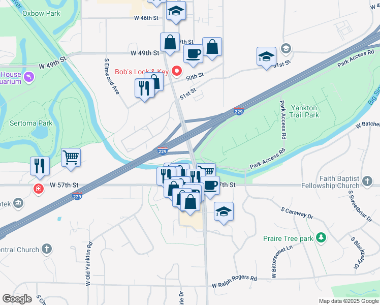 map of restaurants, bars, coffee shops, grocery stores, and more near 4451 South Western Avenue in Sioux Falls