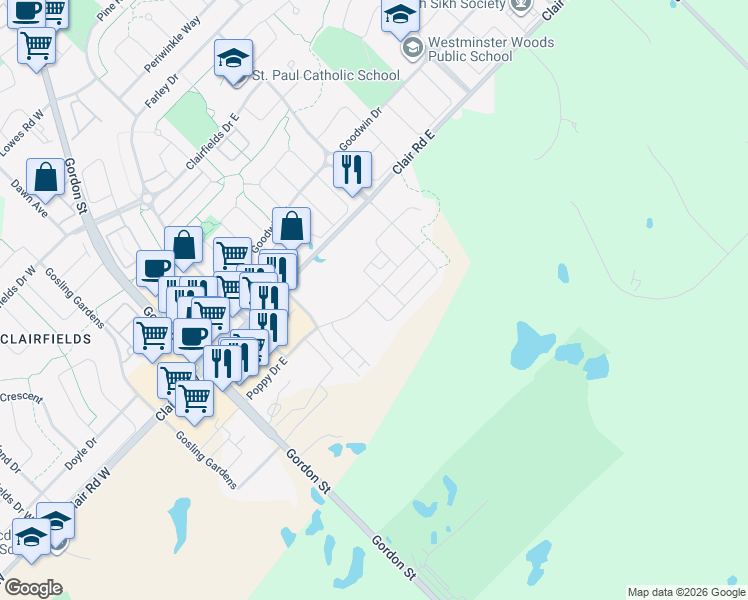 map of restaurants, bars, coffee shops, grocery stores, and more near 181 Dallan Drive in Guelph