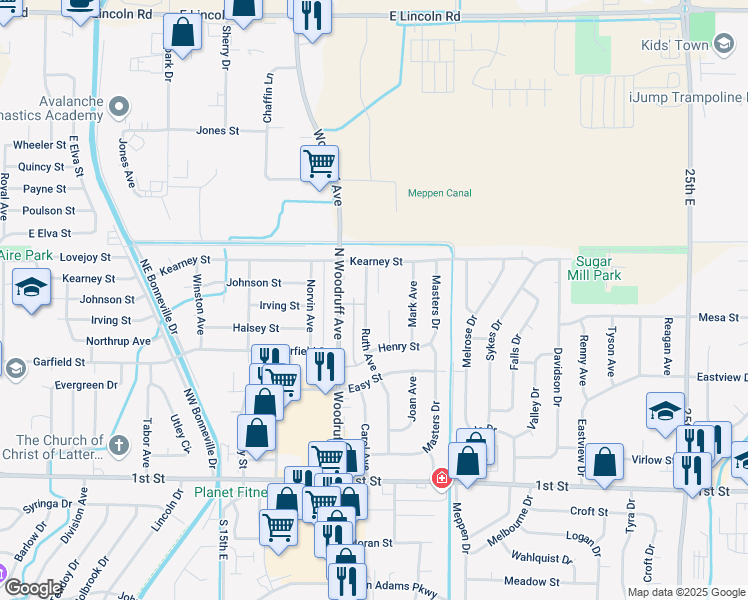 map of restaurants, bars, coffee shops, grocery stores, and more near 698 Ruth Avenue in Idaho Falls