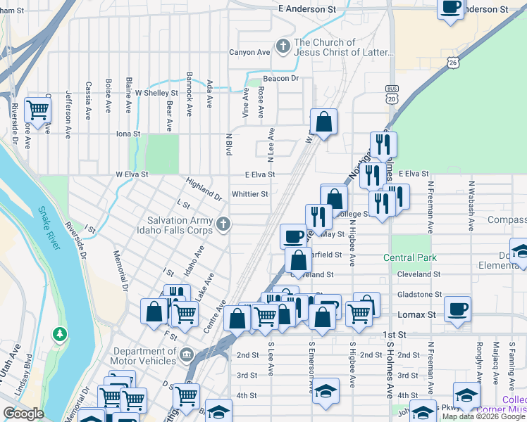 map of restaurants, bars, coffee shops, grocery stores, and more near 166 Whittier Street in Idaho Falls