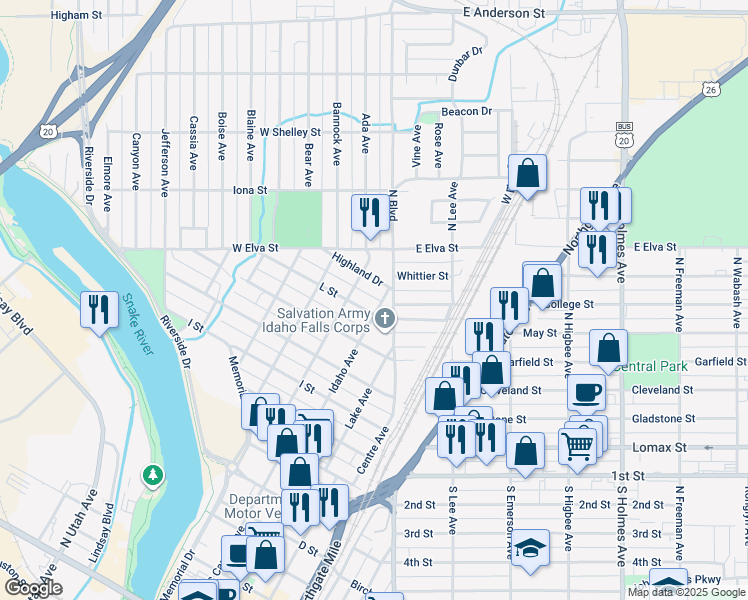 map of restaurants, bars, coffee shops, grocery stores, and more near 1580 Canal Avenue in Idaho Falls