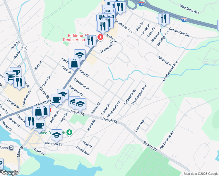 map of restaurants, bars, coffee shops, grocery stores, and more near 4 Winter Street Extension in Saco