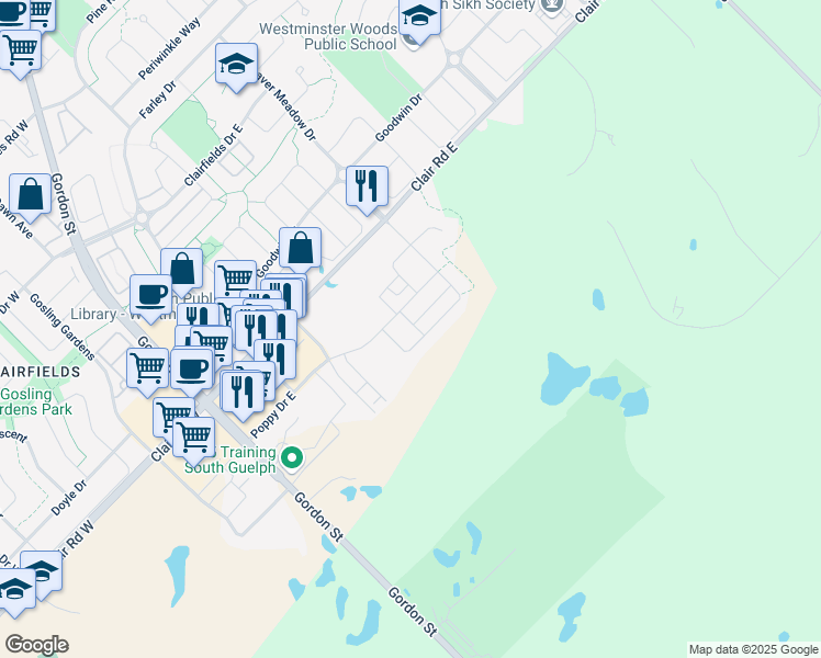 map of restaurants, bars, coffee shops, grocery stores, and more near 201 Poppy Drive East in Guelph