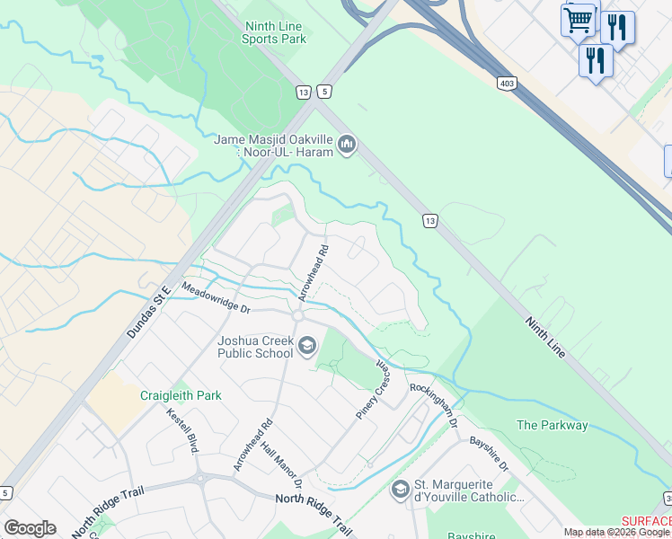 map of restaurants, bars, coffee shops, grocery stores, and more near 1530 Arrowhead Road in Oakville