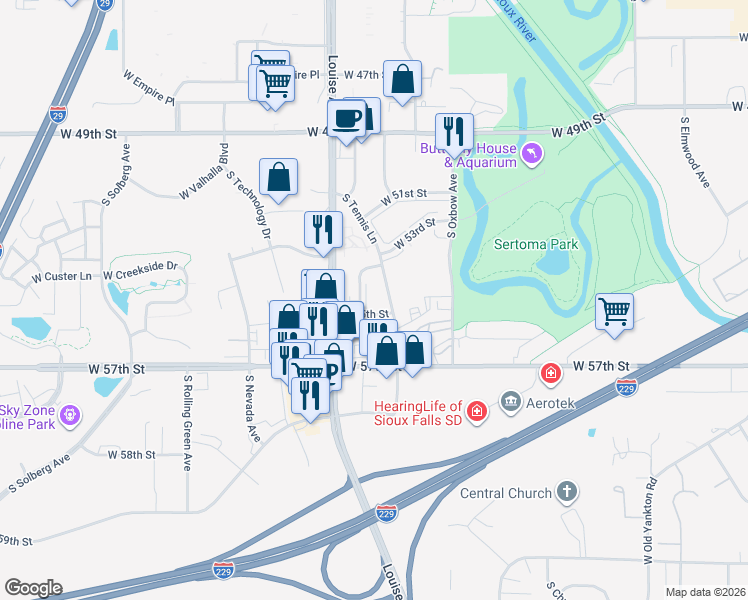 map of restaurants, bars, coffee shops, grocery stores, and more near 4700 South Baha Avenue in Sioux Falls
