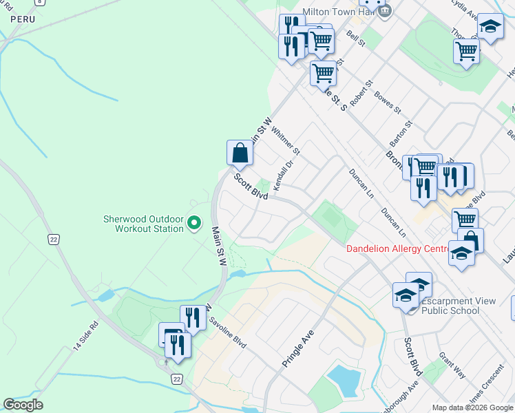 map of restaurants, bars, coffee shops, grocery stores, and more near Huntingford Gate in Milton