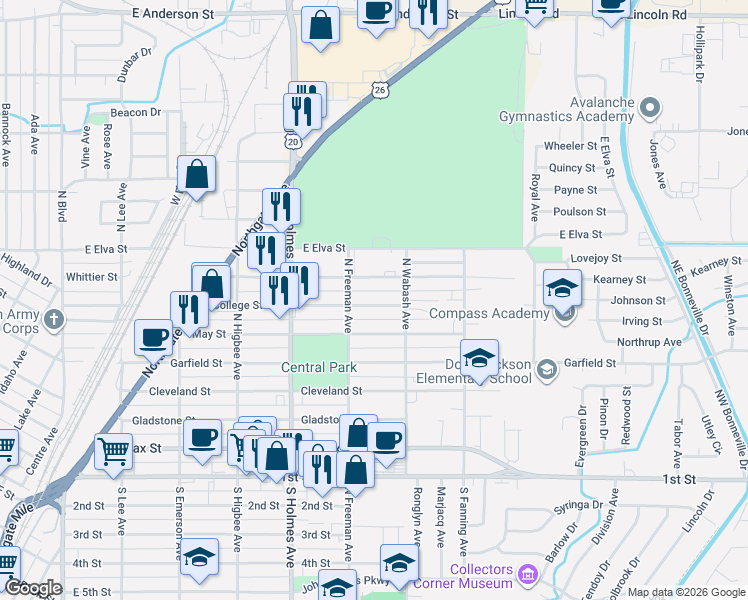 map of restaurants, bars, coffee shops, grocery stores, and more near 635 College Street in Idaho Falls